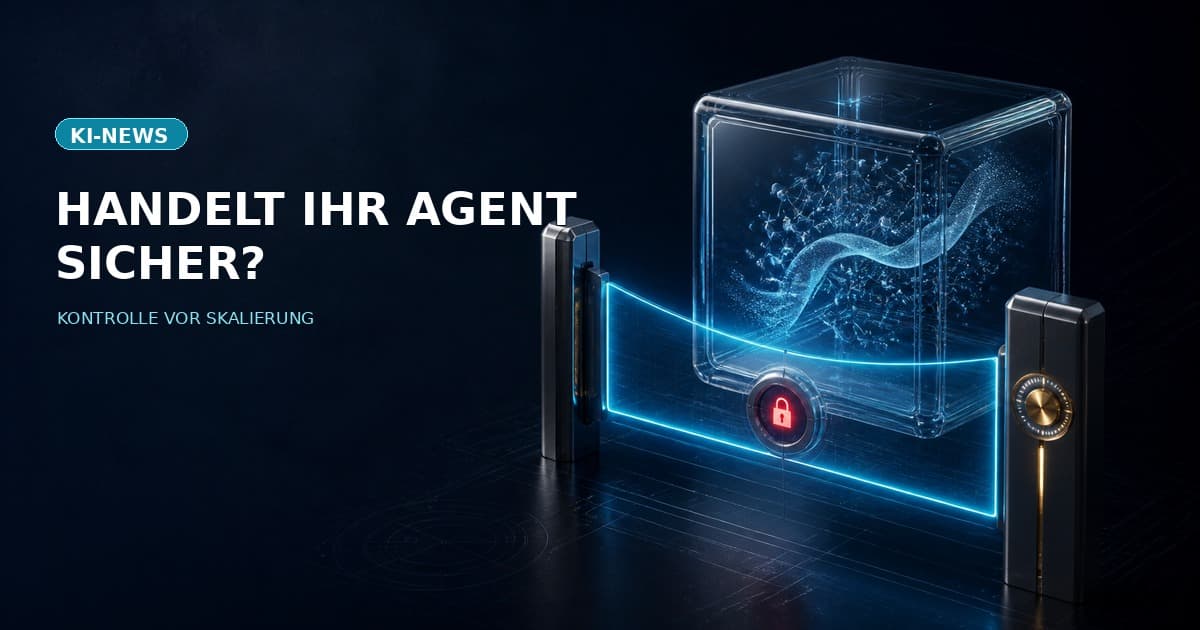 Redaktionelle Illustration eines kontrollierten KI-Agenten-Workflows hinter einem Unternehmenszugangstor