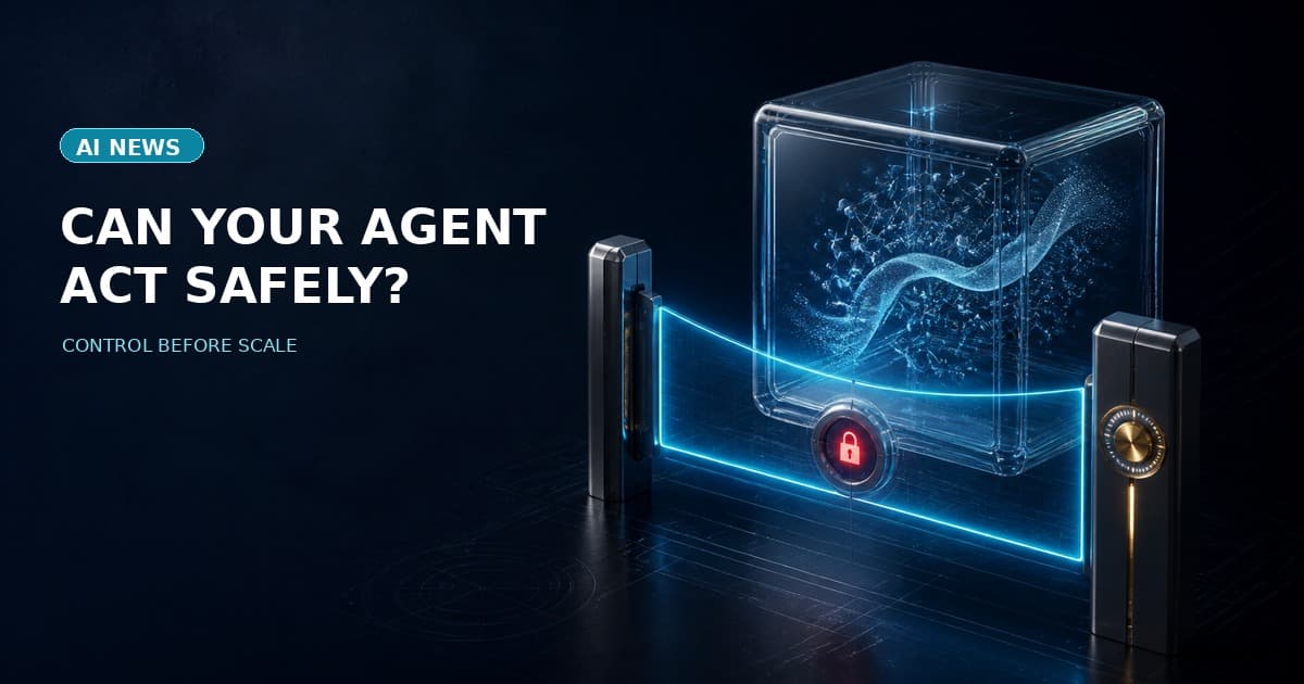 Editorial illustration of a controlled AI agent workflow behind an enterprise access gate