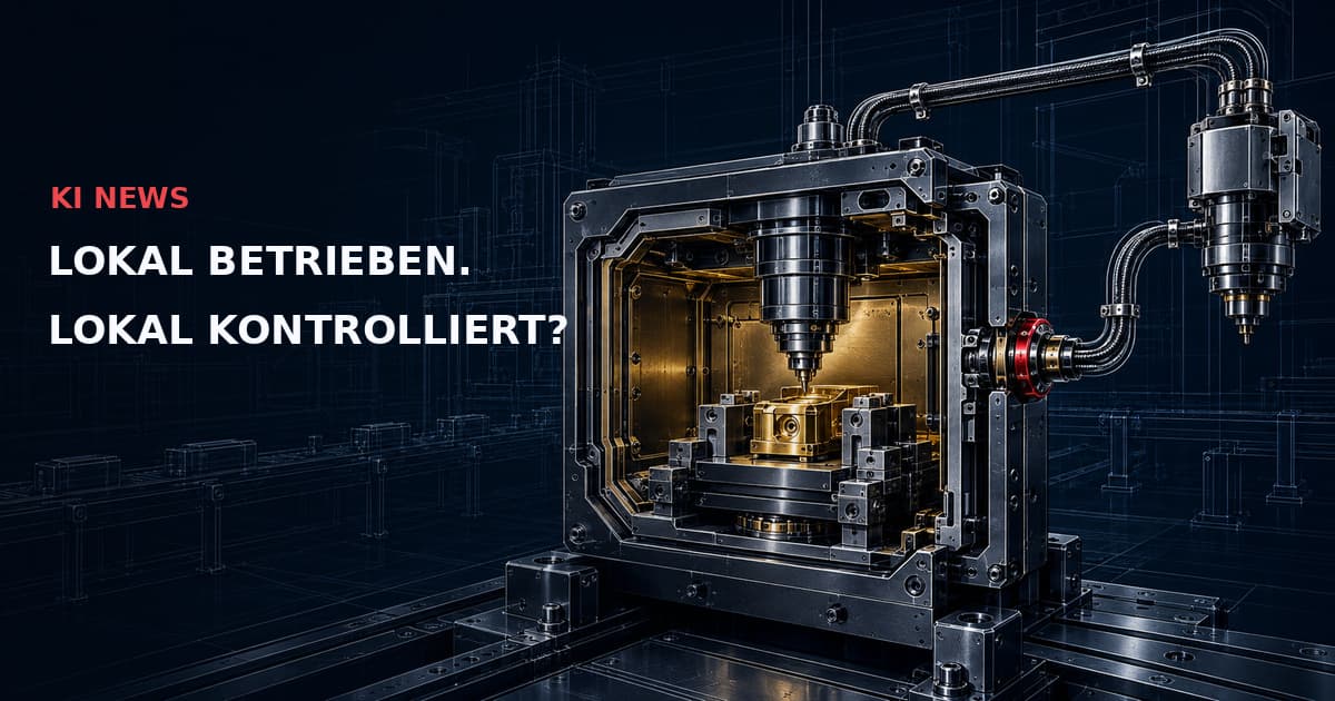Dunkler Industrieschnitt einer lokalen Arbeitskammer mit goldenem Bauteil, Kabel zur externen Steuerspindel und roter Grenzverriegelung. Text: KI NEWS — LOKAL BETRIEBEN. LOKAL KONTROLLIERT?