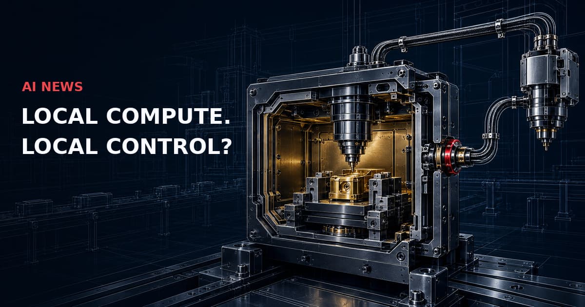 Dark industrial cutaway of a local work chamber holding a gold component, with a cable to an external control spindle and a red boundary interlock. Text: AI NEWS — LOCAL COMPUTE. LOCAL CONTROL?