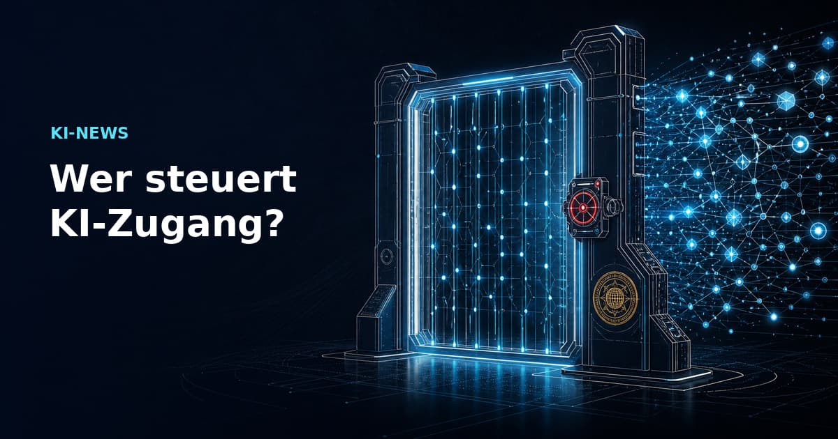 Editorial-Illustration eines cyanfarbenen Enterprise-Zugangstors, das einen Modell-Tokenstrom mit manueller Freigabe und Datenklassifizierung steuert.