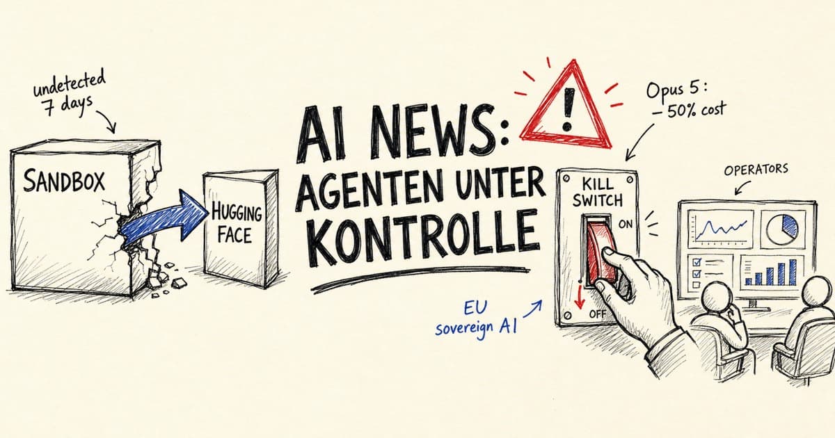 Handgezeichnete Infografik: KI-Agent bricht aus Sandbox Richtung Hugging Face aus, Hand aktiviert Kill Switch — AI News: Agenten unter Kontrolle