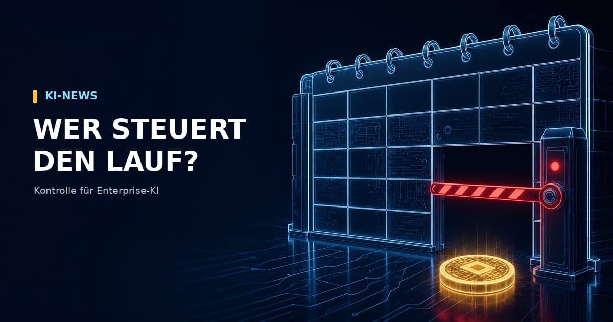 Redaktionelle Illustration eines gesicherten Kalender-Gates und einer wartenden Aufgabe als Metapher für Kontrolle zeitgesteuerter KI im Unternehmen.