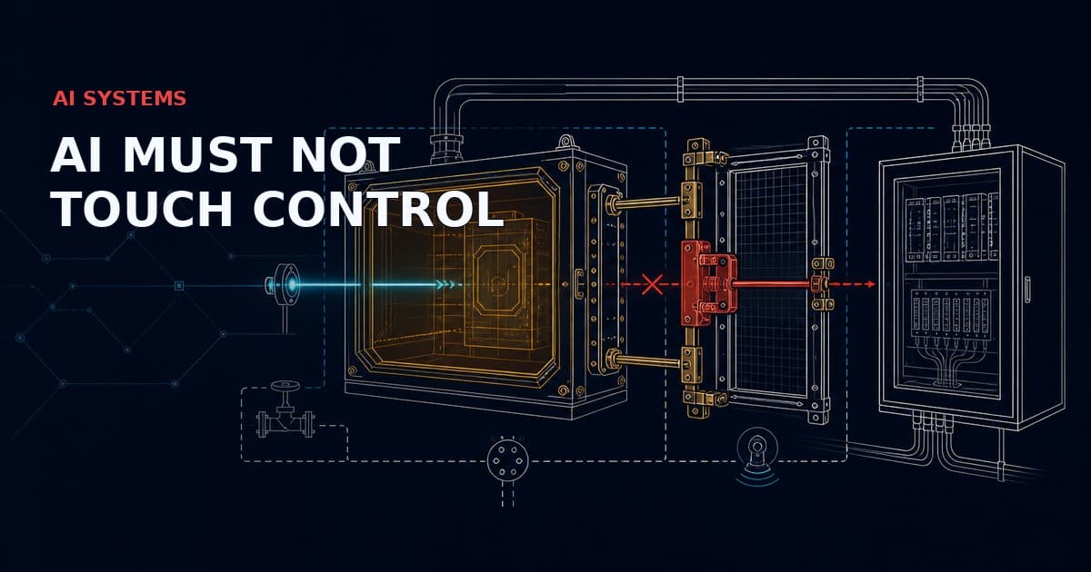 Industrial AI inference behind a safety gate; a red interlock blocks direct control-system commands.