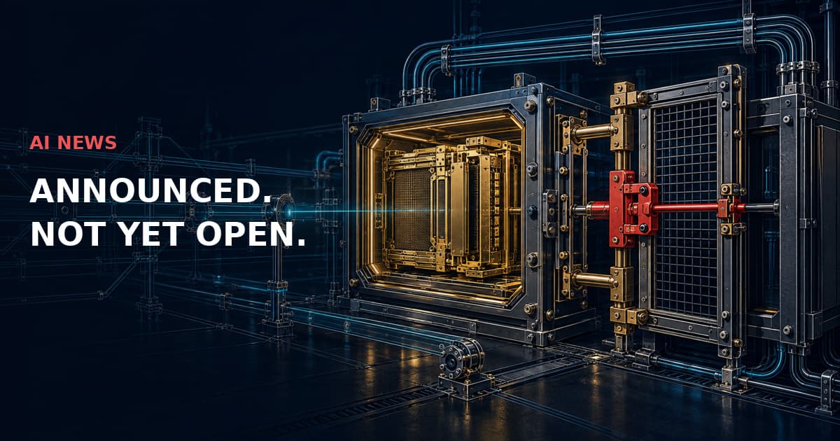 Detailed dark industrial computing cartridge behind a commissioning gate with red interlock. AI NEWS — ANNOUNCED. NOT YET OPEN.