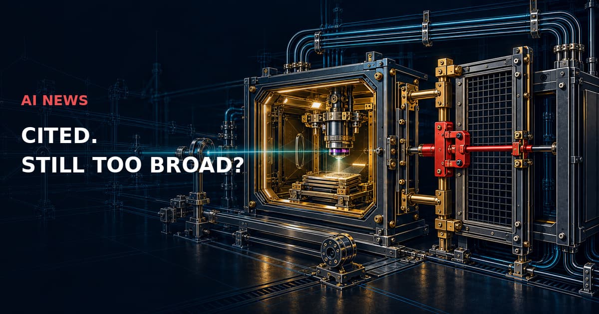 Industrial optical inspection head checks evidence plates; a red aperture stop limits the scope. AI NEWS — CITED. STILL TOO BROAD?