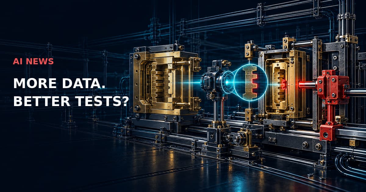 Detailed industrial inspection jig compares a master part with a synthetic task cartridge; a cyan lens and red interlock expose a mismatch. AI NEWS — MORE DATA. BETTER TESTS?
