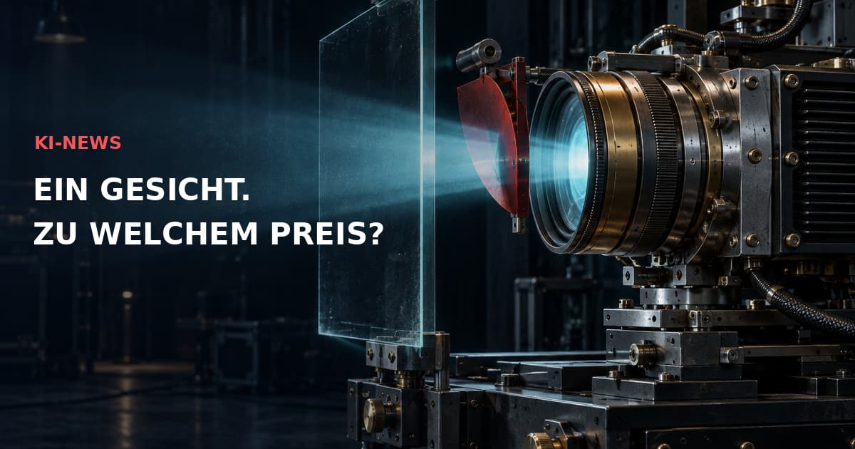 Detaillierter dunkler Industrieprojektor mit Messingoptik, cyanfarbenem Licht durch eine Glasplatte und roter Blende. Text: KI-NEWS — EIN GESICHT. ZU WELCHEM PREIS?