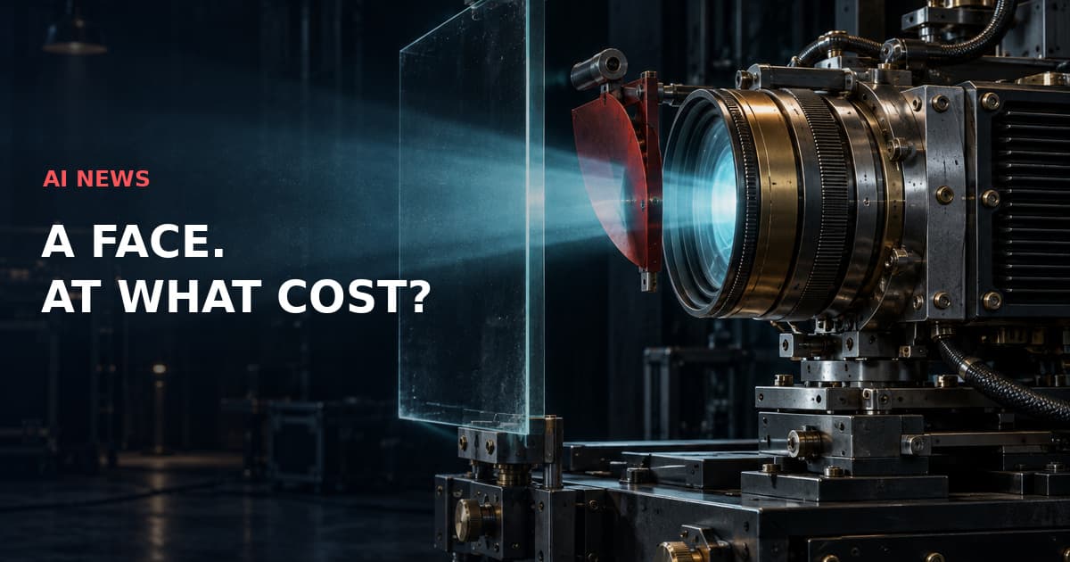 Detailed dark industrial projector with brass optics, cyan light through a glass plate and a red shutter. Text: AI NEWS — A FACE. AT WHAT COST?