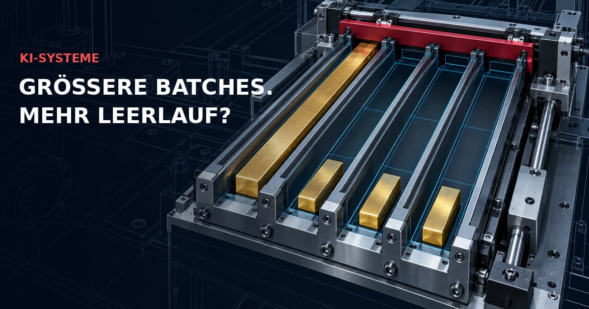 Eine präzise Ladevorrichtung hält einen langen und drei kurze goldene Stäbe; freie Kanallängen veranschaulichen Padding bei Embeddings. KI-SYSTEME — GRÖSSERE BATCHES. MEHR LEERLAUF?