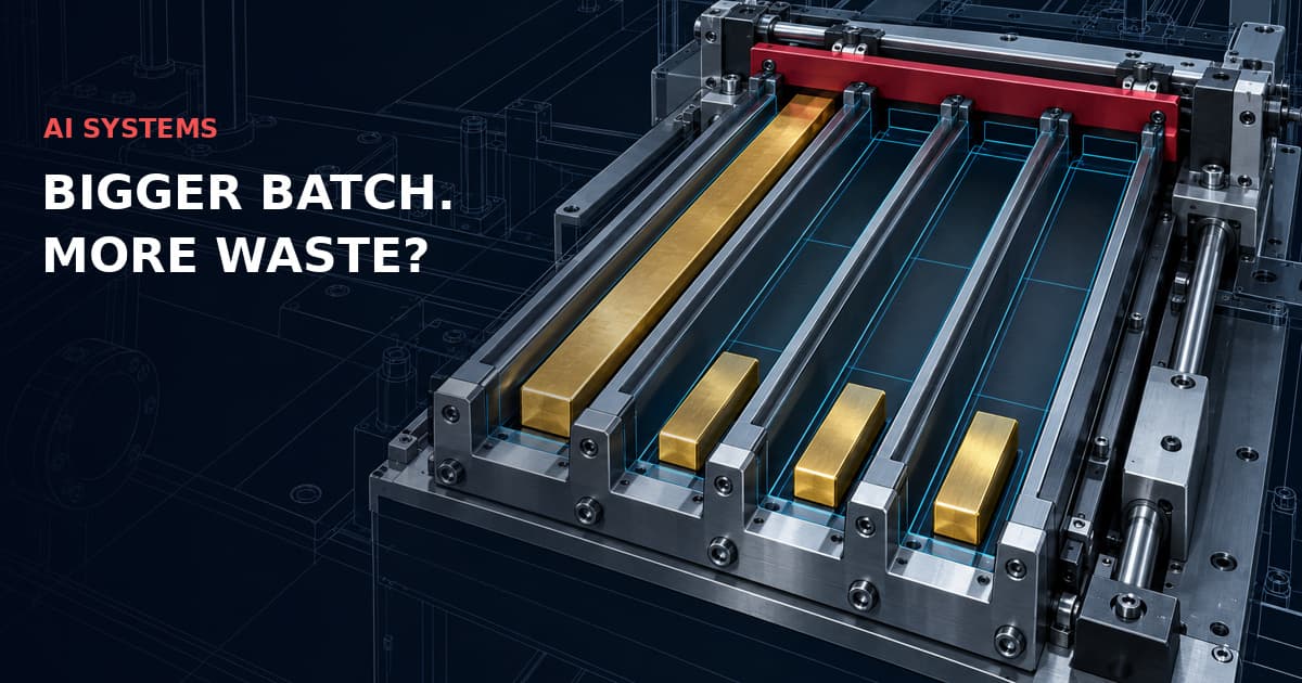 A precision loading fixture holds one long gold bar and three short bars, revealing unused channel space as a metaphor for embedding padding. AI SYSTEMS — BIGGER BATCH. MORE WASTE?