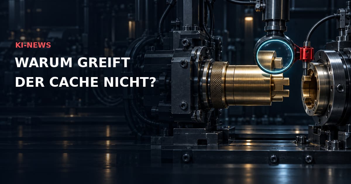 Dunkle industrielle Präzisionskartusche vor einer Aufnahme, mit cyanfarbener Prüflinse und roter Verriegelung. Text: KI-NEWS — WARUM GREIFT DER CACHE NICHT?