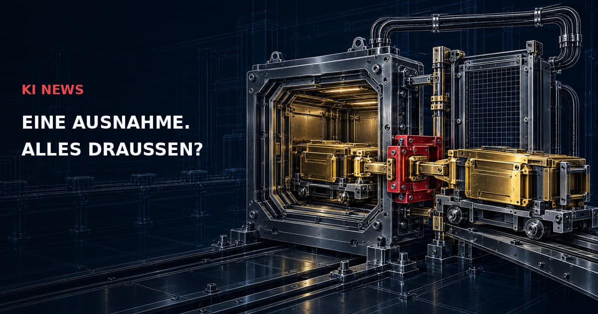 Dunkle technische Sicherheitskammer mit gekoppelten goldenen Transportwagen und roter Verriegelung. Text: KI NEWS — EINE AUSNAHME. ALLES DRAUSSEN?