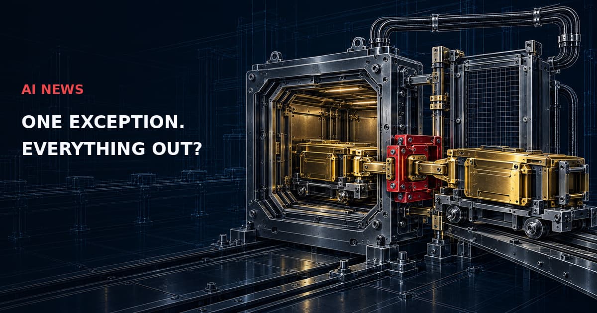 Dark technical containment chamber with coupled gold carriers and a red interlock. Text: AI NEWS — ONE EXCEPTION. EVERYTHING OUT?