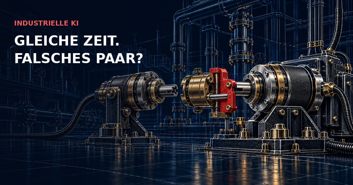 Zwei industrielle Zeitgeberwellen vor einer durch rote Verriegelung gesperrten Kupplung. INDUSTRIELLE KI — GLEICHE ZEIT. FALSCHES PAAR?