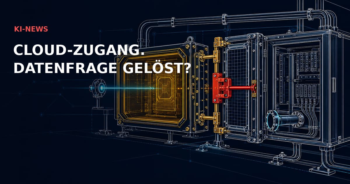 Eine goldene Rechenkassette ist über eine rote Datenspeicher-Sperre mit einem Cloud-Gateway-Schrank verbunden. KI-NEWS — CLOUD-ZUGANG. DATENFRAGE GELÖST?