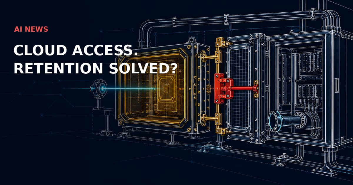 A gold compute cartridge connects to a cloud gateway cabinet through a red retention-control interlock. AI NEWS — CLOUD ACCESS. RETENTION SOLVED?