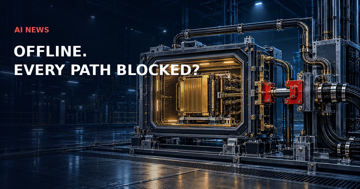 A detailed nested compute enclosure with a red interlock and a secondary service conduit illustrates indirect network paths. AI NEWS — OFFLINE. EVERY PATH BLOCKED?