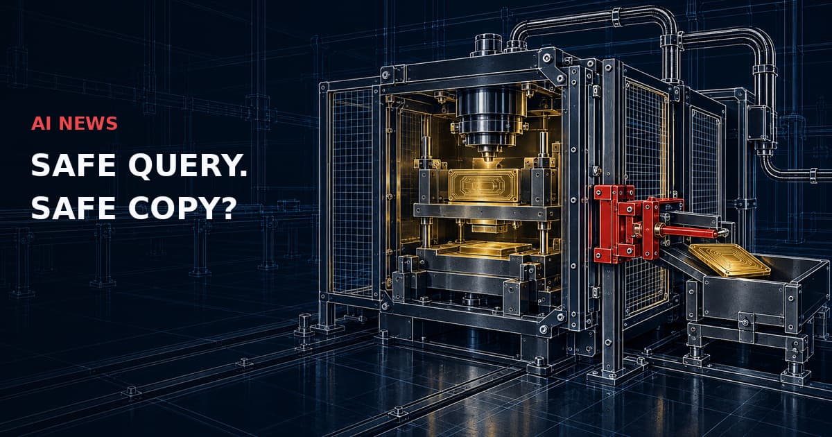 Dark industrial copying press with a secured gold master plate, a red export interlock and a second gold plate in an external receiving tray. Text: AI NEWS — SAFE QUERY. SAFE COPY?