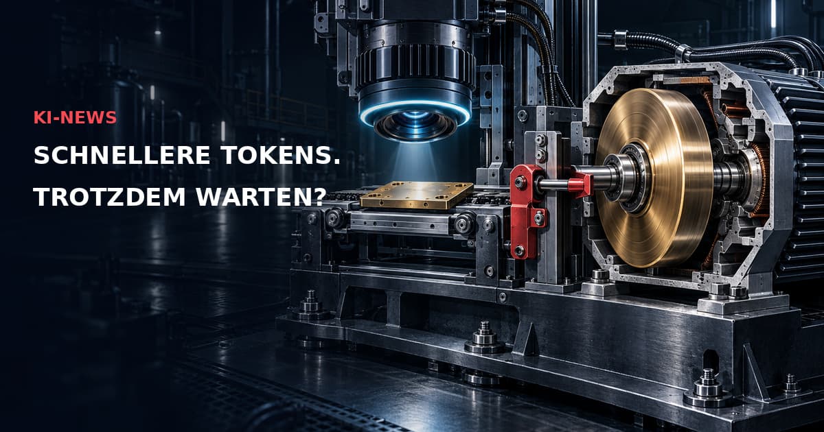 Dunkle optische Prüfstation mit cyanfarbener Linse, Messingplatte, nachgelagertem Schwungrad und roter Verriegelung. Text: KI-NEWS — SCHNELLERE TOKENS. TROTZDEM WARTEN?