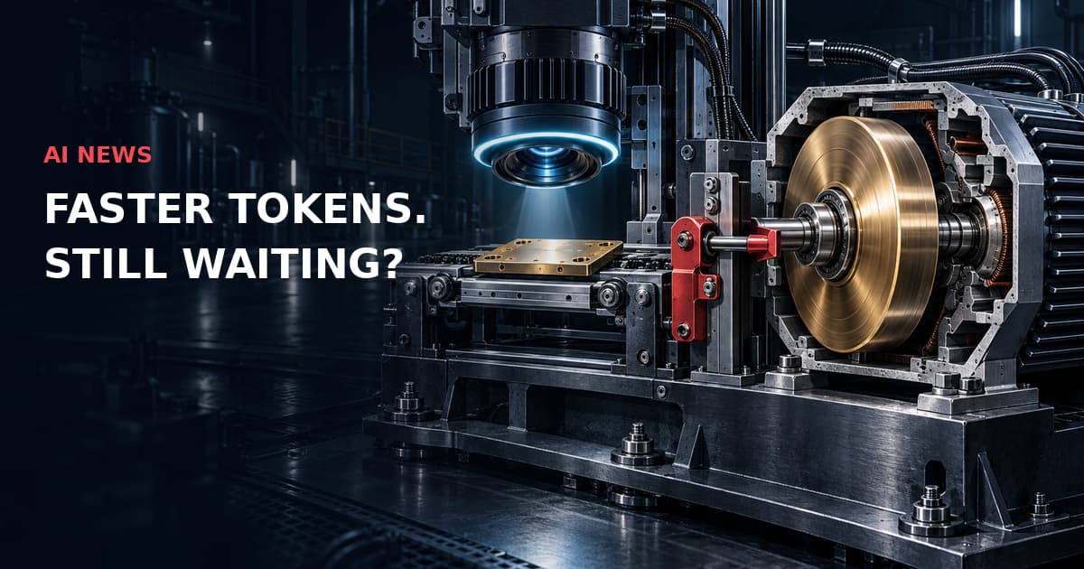 Dark optical inspection station with a cyan lens, brass feed plate, downstream flywheel and red interlock. Text: AI NEWS — FASTER TOKENS. STILL WAITING?