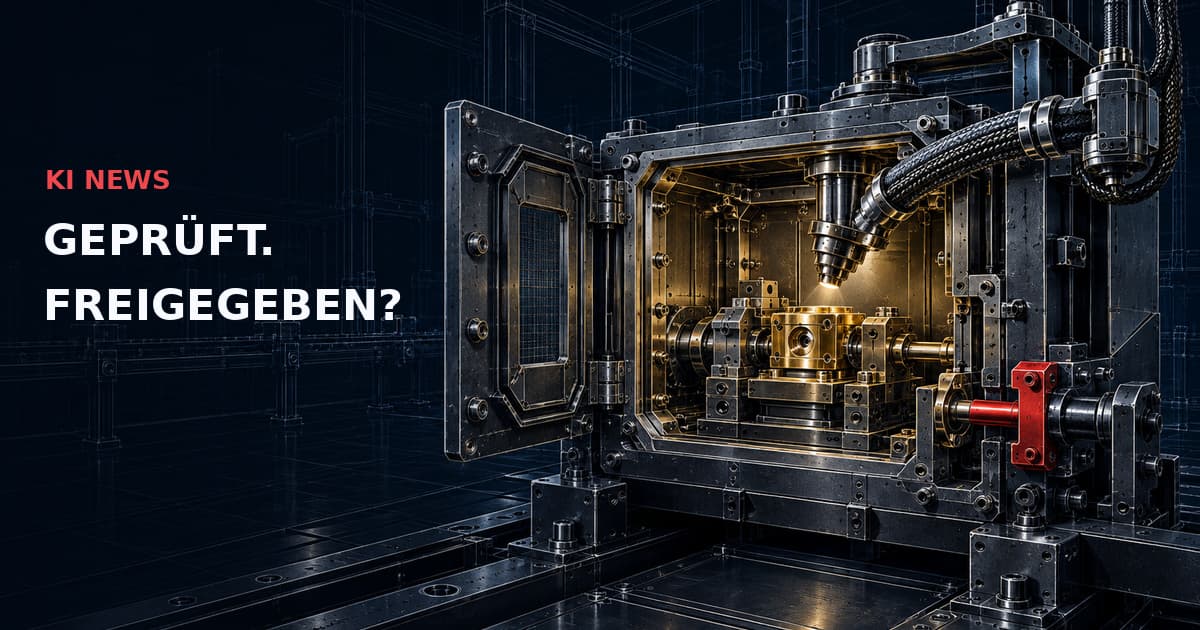 Dunkle industrielle Schnittzeichnung mit offener Prüfkammer, goldenem Kern und separater roter Freigabesperre. Text: KI NEWS — GEPRÜFT. FREIGEGEBEN?