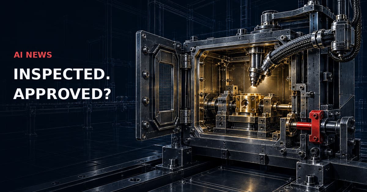 Dark industrial cutaway with an open inspection chamber, gold core and a separate red release interlock. Text: AI NEWS — INSPECTED. APPROVED?