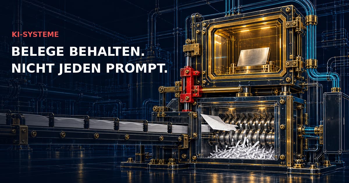 Ein detaillierter industrieller Nachweistresor über einem getrennten Aktenvernichter mit roter Sperre zeigt getrennte Lebensdauern von Belegen und Nutzdaten. KI-SYSTEME — BELEGE BEHALTEN. NICHT JEDEN PROMPT.