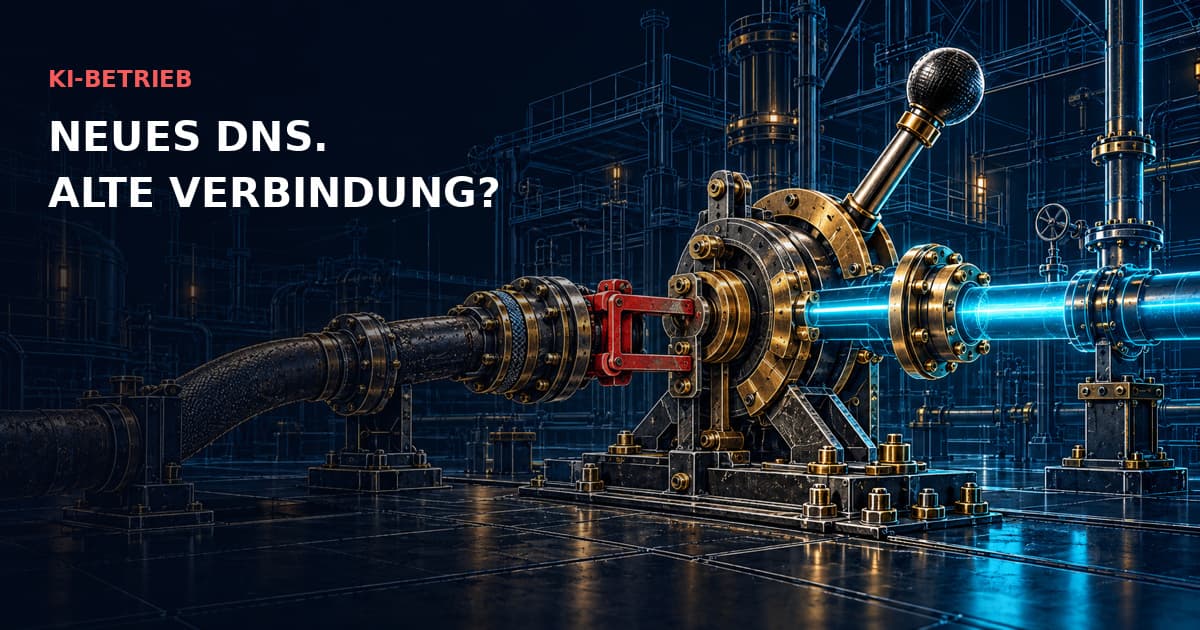 Ein Messing-Netzwerkumschalter zeigt zur neuen cyanfarbenen Route; eine rote Verriegelung hält die alte Verbindung. KI-BETRIEB — NEUES DNS. ALTE VERBINDUNG?