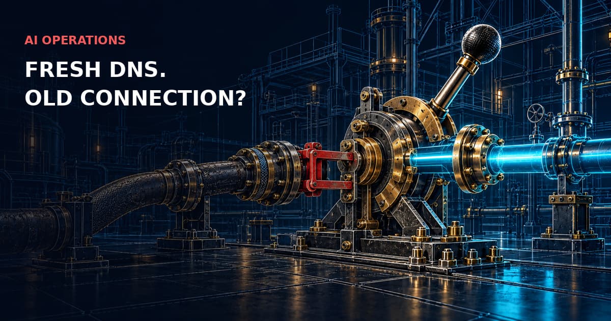 Brass network selector points toward a cyan new route while a red latch holds the old physical connection. AI OPERATIONS — FRESH DNS. OLD CONNECTION?
