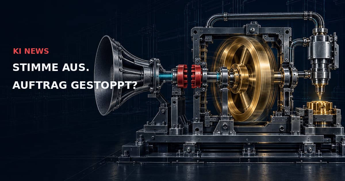 Dunkle industrielle Sprachsteuerung mit Schalltrichter, geöffneter roter Kupplung, goldenem Schwungrad und Aktuator. Text: KI NEWS — STIMME AUS. AUFTRAG GESTOPPT?