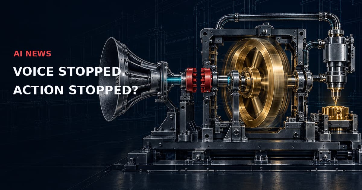 Dark industrial voice-command machine with acoustic horn, disengaged red clutch, gold flywheel and actuator. Text: AI NEWS — VOICE STOPPED. ACTION STOPPED?