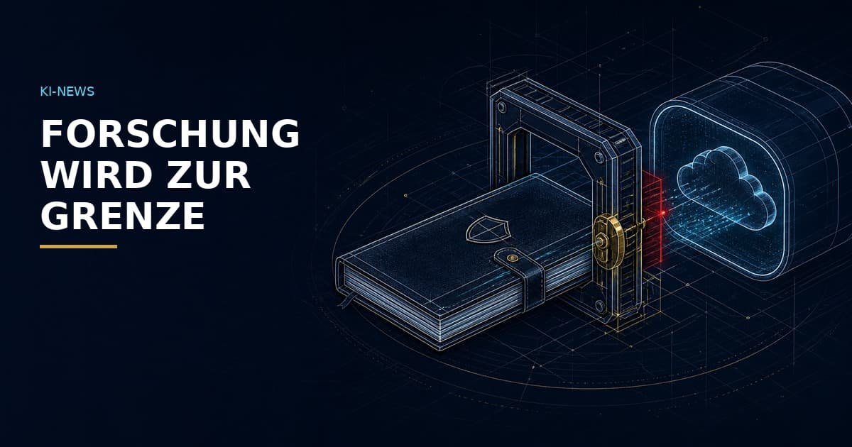 Technische Editorial-Illustration eines Forschungsnotizbuchs, das ein gesichertes Integrations-Gate zur Cloud-Analyse passiert – als Symbol für kontrollierte Enterprise-KI-Recherche.