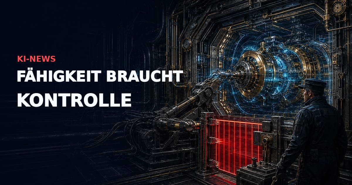 Dunkle industrielle technische Illustration einer leistungsstarken KI-Inferenzturbine hinter einer roten Cyber-Sicherheitsverriegelung; ein Security-Operator hält einen Autorisierungsschlüssel. Text: „KI-NEWS — FÄHIGKEIT BRAUCHT KONTROLLE“. 