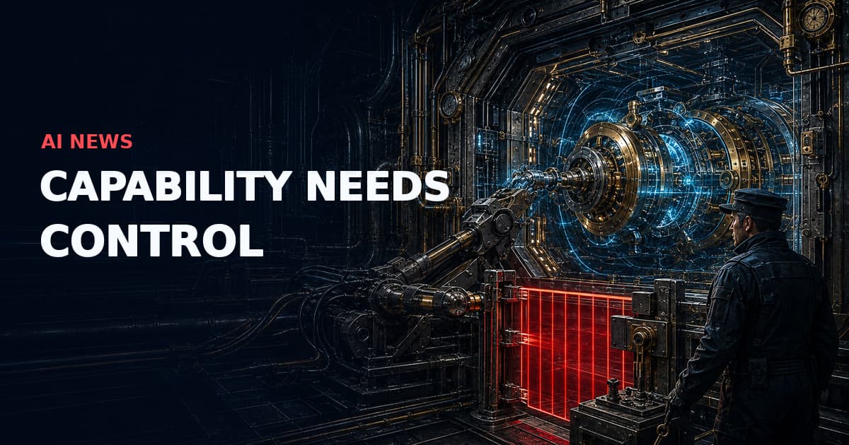 Dark industrial technical illustration of a high-energy AI inference turbine behind a red cyber interlock, with a security operator holding an authorization key. Text reads “AI NEWS — CAPABILITY NEEDS CONTROL”.