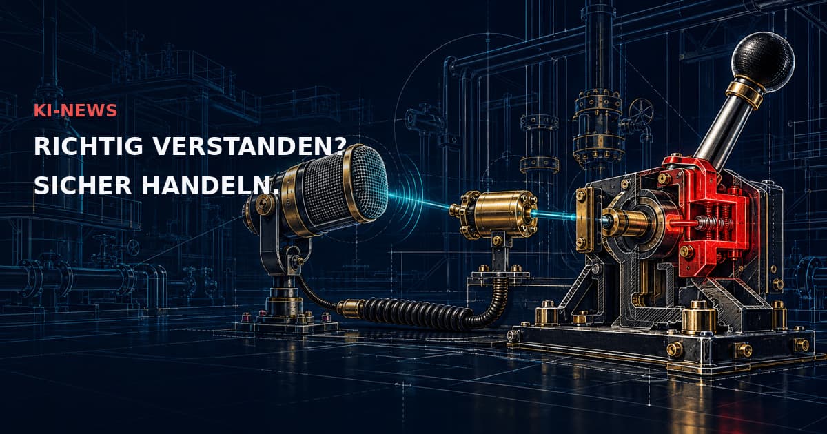 Ein Industriemikrofon führt über eine messingfarbene Transkriptionskassette zu einer roten Steuersperre. KI-NEWS — RICHTIG VERSTANDEN? SICHER HANDELN.