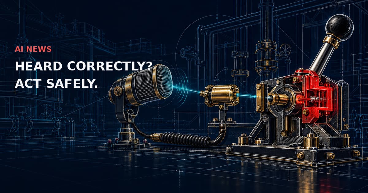 An industrial microphone connects through a brass transcription cartridge to a red control interlock. AI NEWS — HEARD CORRECTLY? ACT SAFELY.