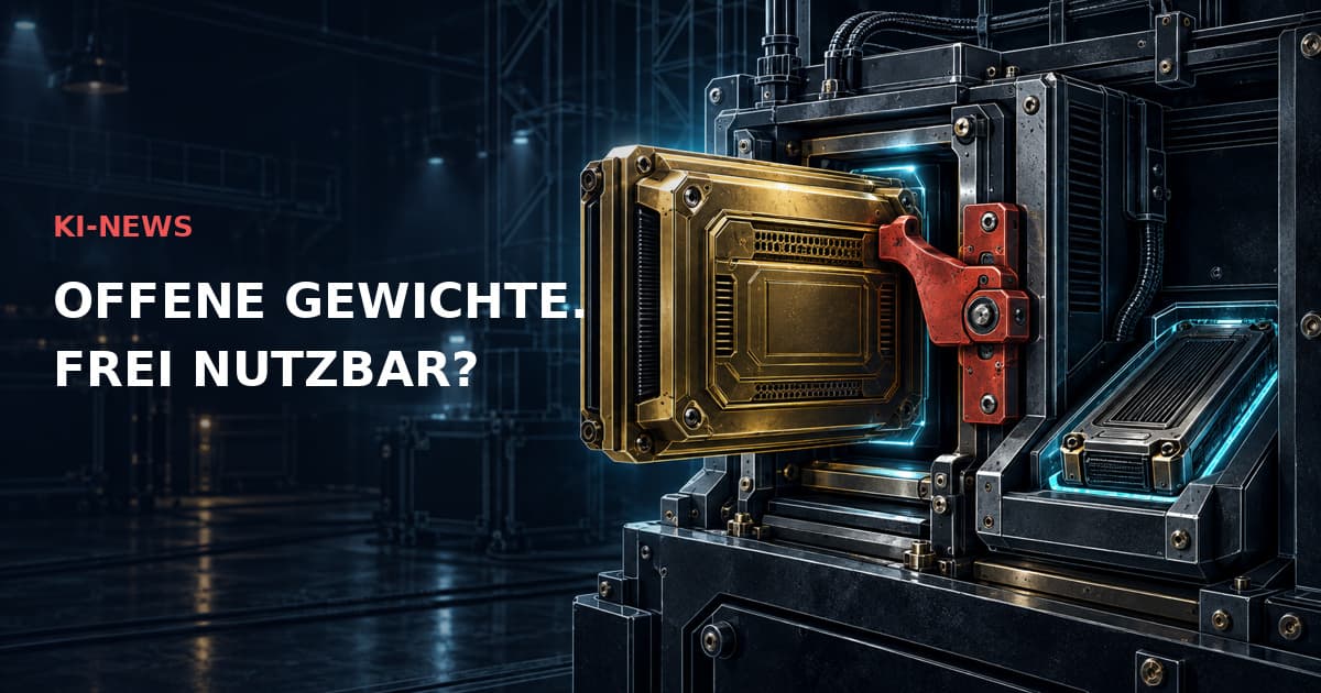 Dunkle industrielle Modellkassette mit roter mechanischer Sperre vor einer Aufnahme. Text: KI-NEWS — OFFENE GEWICHTE. FREI NUTZBAR?