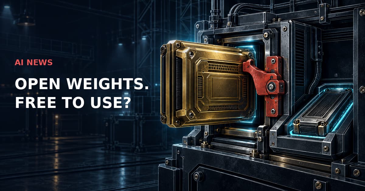 Dark industrial model cartridge held at a docking cradle by a red mechanical interlock. Text: AI NEWS — OPEN WEIGHTS. FREE TO USE?