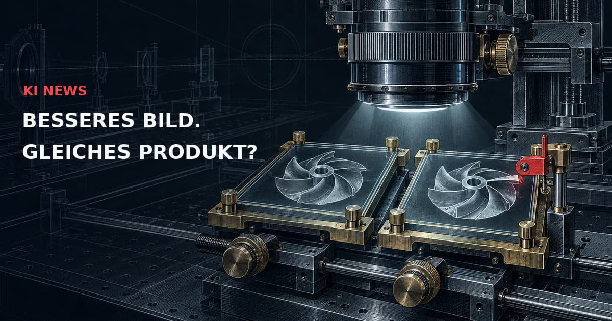 Dunkle technische Illustration eines optischen Vergleichsprüfstands mit zwei Produktbildplatten in goldenen Passklemmen; eine rote Verriegelung markiert eine veränderte Laufradschaufel. Text: KI NEWS — BESSERES BILD. GLEICHES PRODUKT?