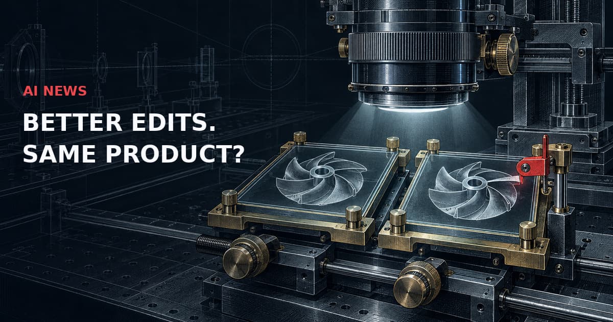 Dark technical illustration of an optical comparison bench inspecting two product-image plates in gold registration clamps, with a red interlock marking a changed impeller blade. Text: AI NEWS — BETTER EDITS. SAME PRODUCT?