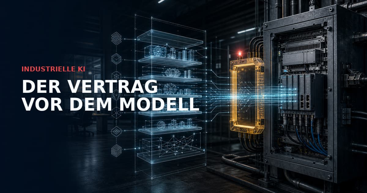 Cover zu industriellen KI-Datenverträgen: Ein SPS-Schaltschrank und ein bernsteinfarbenes Validierungstor verbinden OPC-UA-Signale mit einer semantischen Konstruktionsakte.
