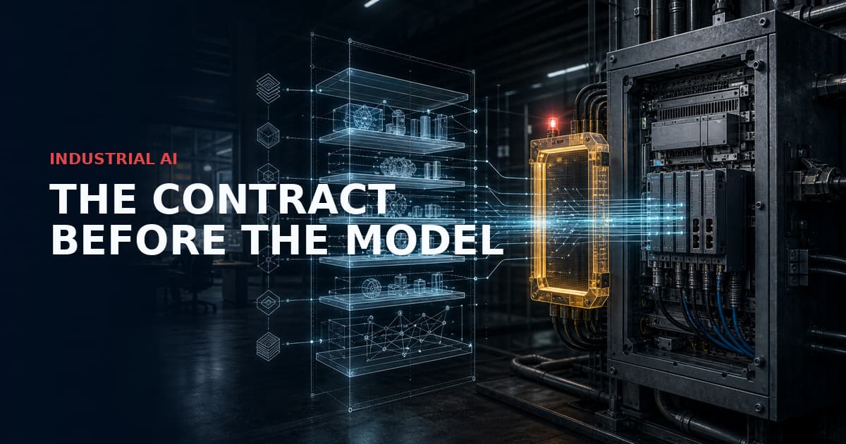 Industrial AI data-contract cover: a PLC cabinet and amber validation gate connect OPC UA signals to a semantic engineering dossier.