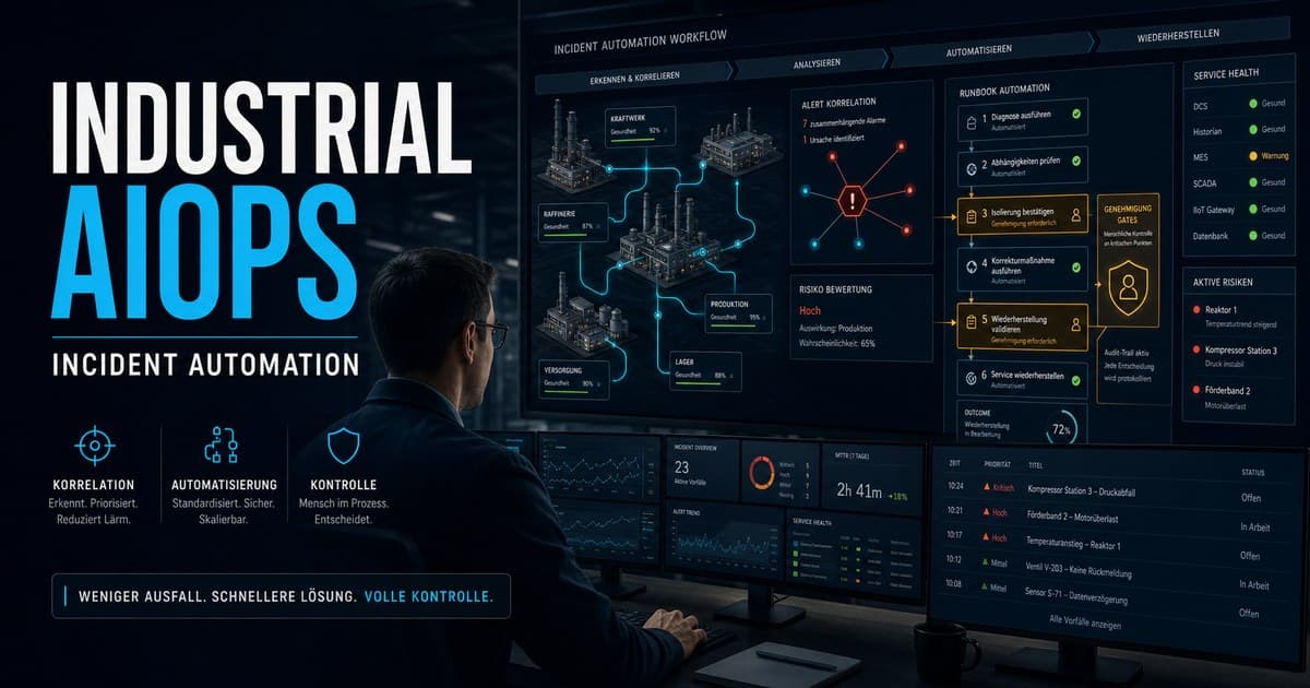 Industrial AIOps incident automation dashboard showing alert correlation, telemetry workflows, approval gates, and risk markers for controlled plant operations remediation
