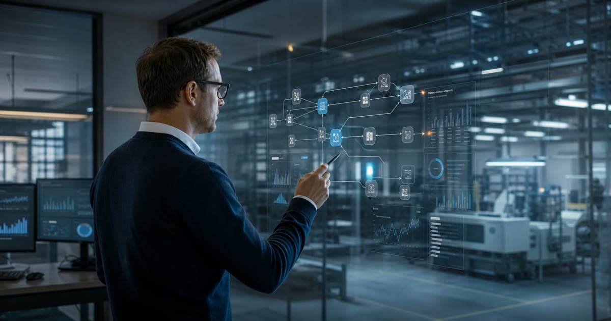Abstrakte Visualisierung kontrollierter KI-Agenten-Workflows im deutschen Mittelstand