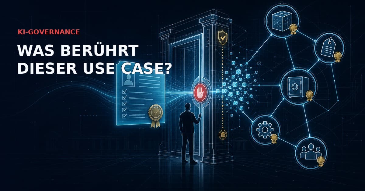 KI-Use-Case-Intake-Dossier, das ein Policy-Gate zu einem Graphen aus Modell, Anbieter, Daten, Prozess und betroffenen Gruppen durchläuft.