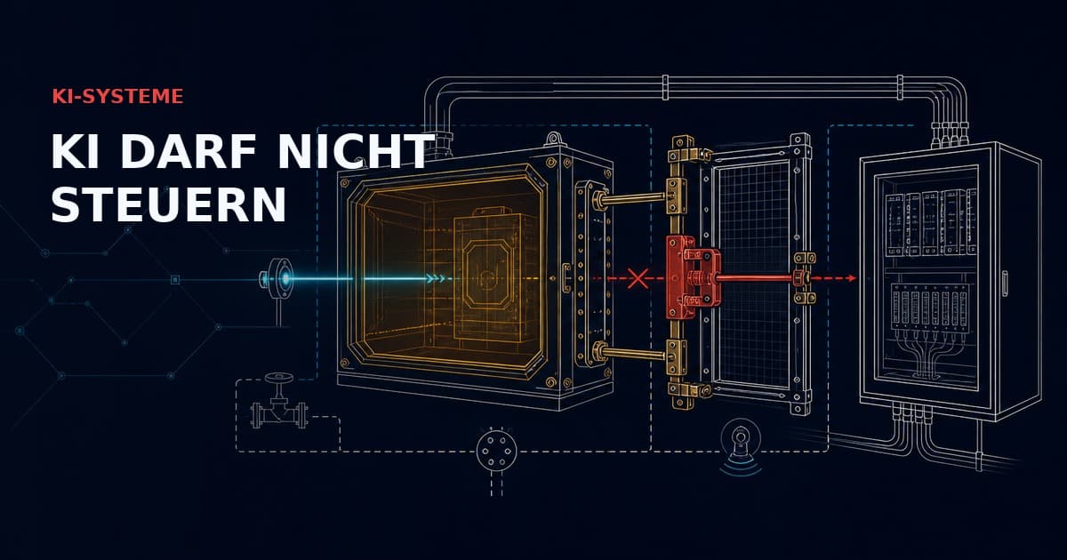 Industrielle KI-Inferenz hinter einem Safety-Gate; ein roter Interlock blockiert direkte Befehle an das Steuerungssystem.
