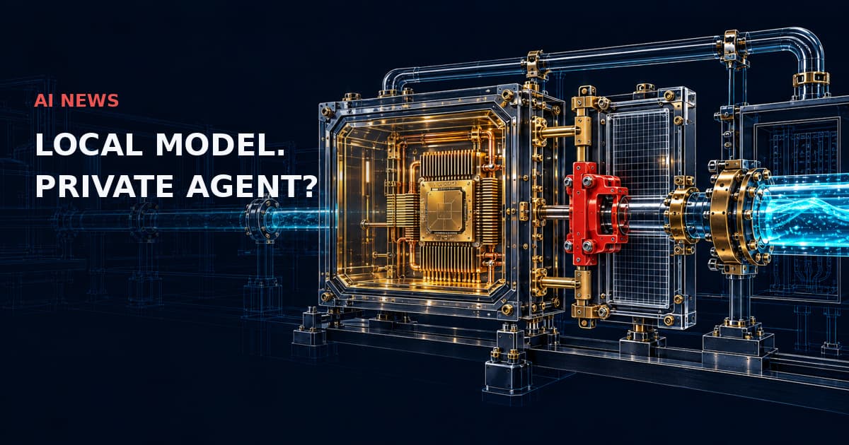 A local gold processor enclosure connects through a red isolation interlock to an external conduit. AI NEWS — LOCAL MODEL. PRIVATE AGENT?