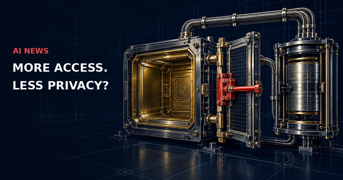 Dark technical cutaway of a gold access hatch, red interlock and sealed archival drum. Text: AI NEWS — MORE ACCESS. LESS PRIVACY?