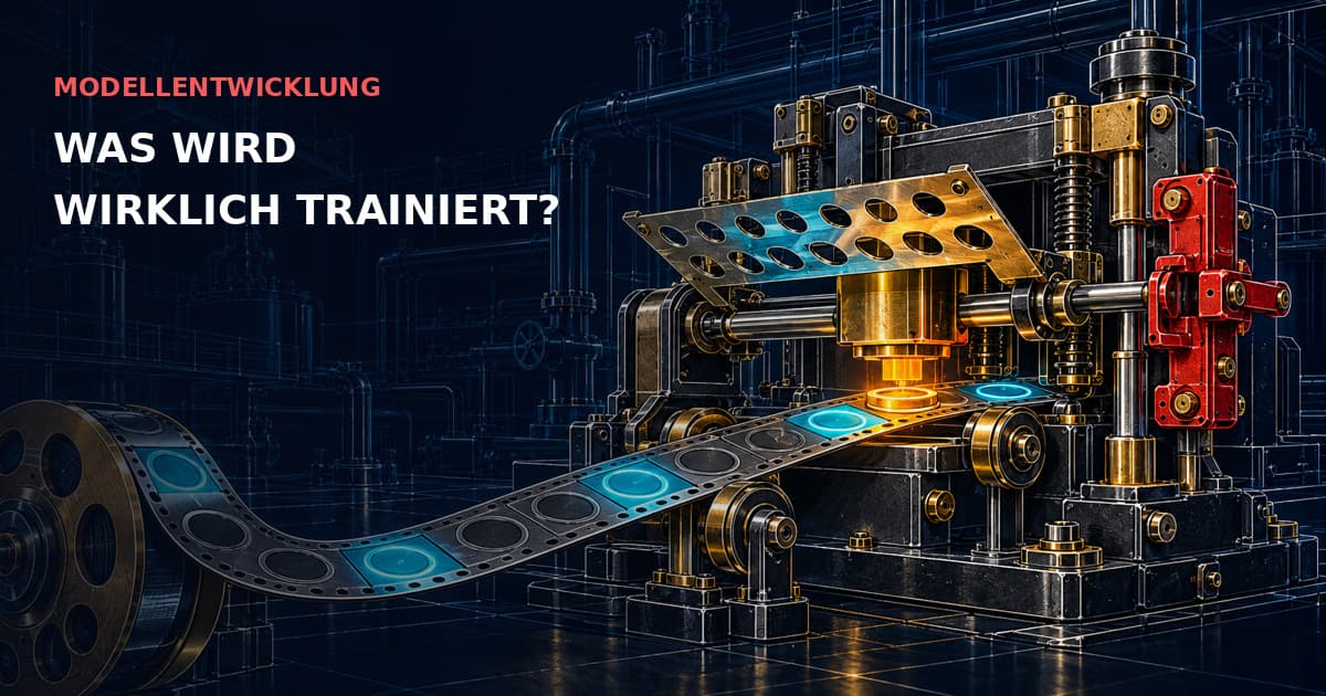Detaillierte industrielle Schablonenpresse wählt cyanfarbene Abschnitte eines metallischen Tokenbands aus, mit goldenen Werkzeugen und roter Verriegelung. MODELLENTWICKLUNG — WAS WIRD WIRKLICH TRAINIERT?